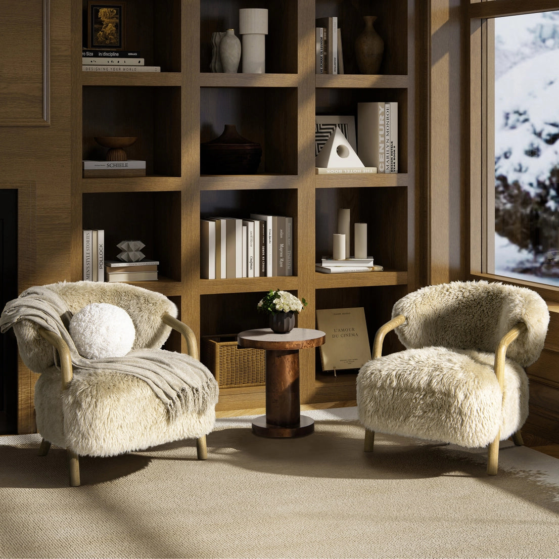 Becker 33" Rustic Oak Sheepskin Upholstered Accent Arm Chair - DesignsByZuedi