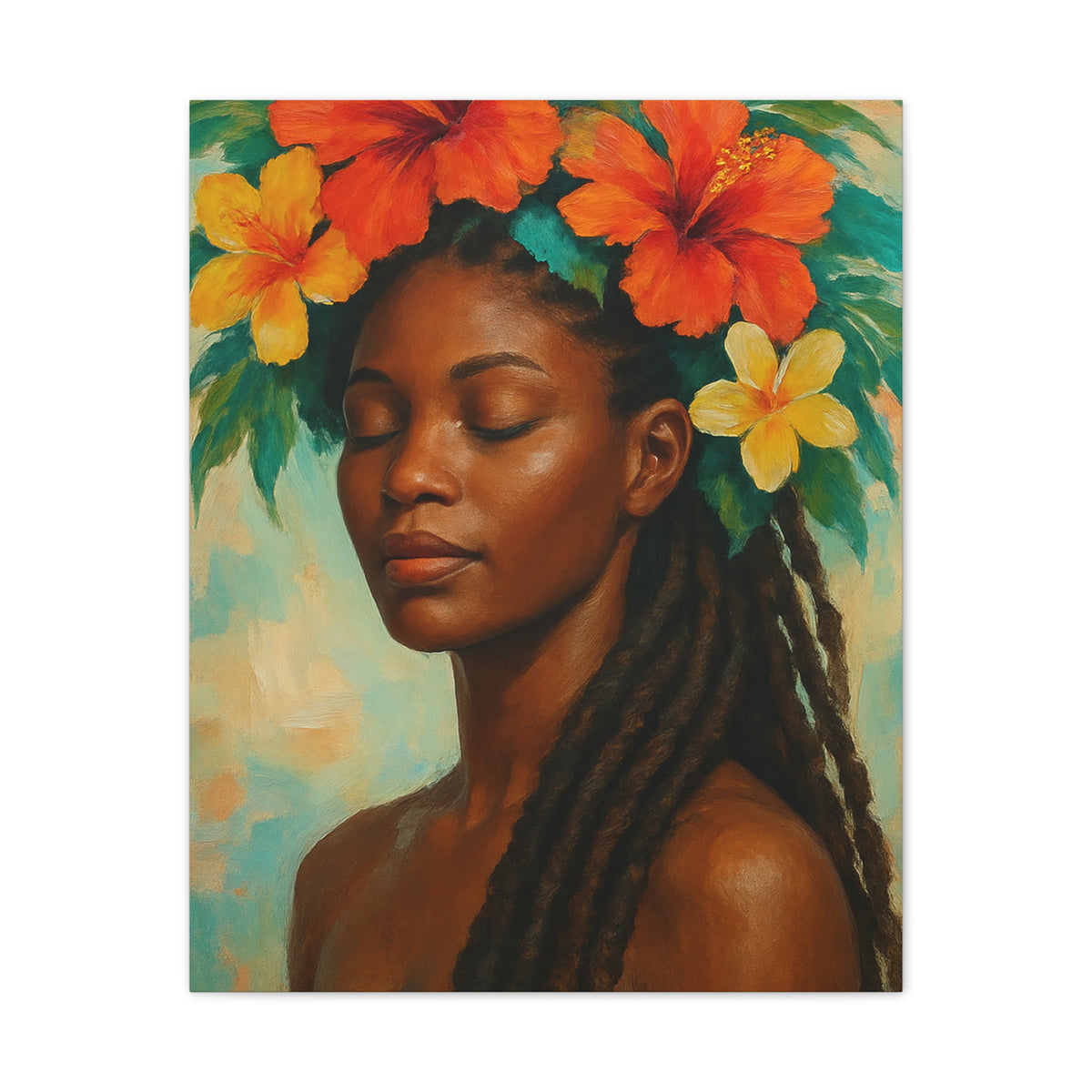 Pennycooke Girl 2 Portrait Canvas – Black Woman with Hibiscus Wall Art - DesignsByZuedi