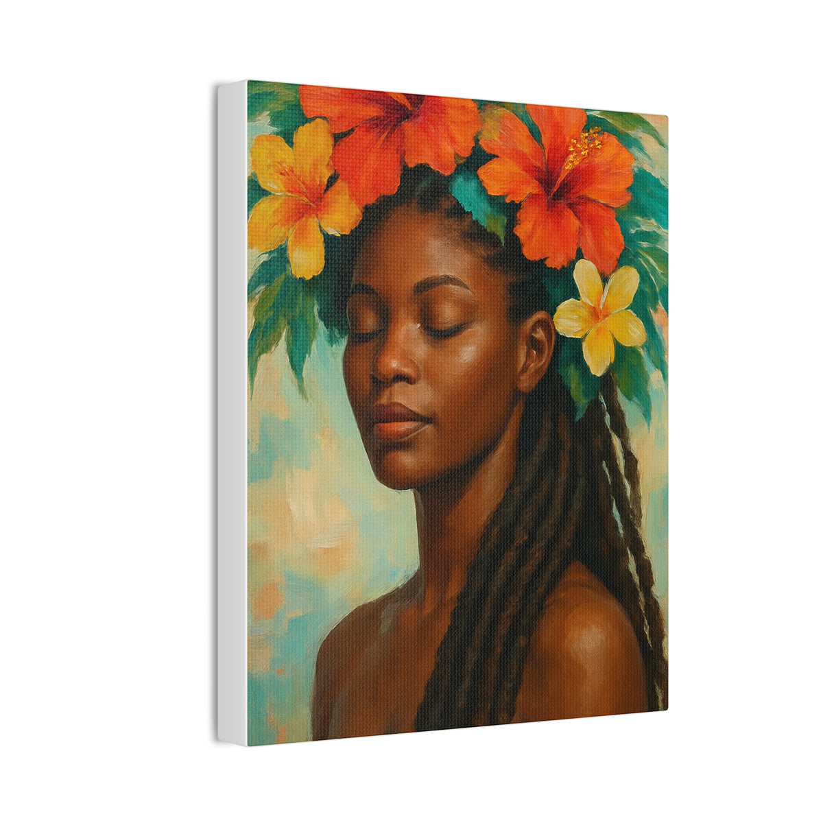 Pennycooke Girl 2 Portrait Canvas – Black Woman with Hibiscus Wall Art - DesignsByZuedi