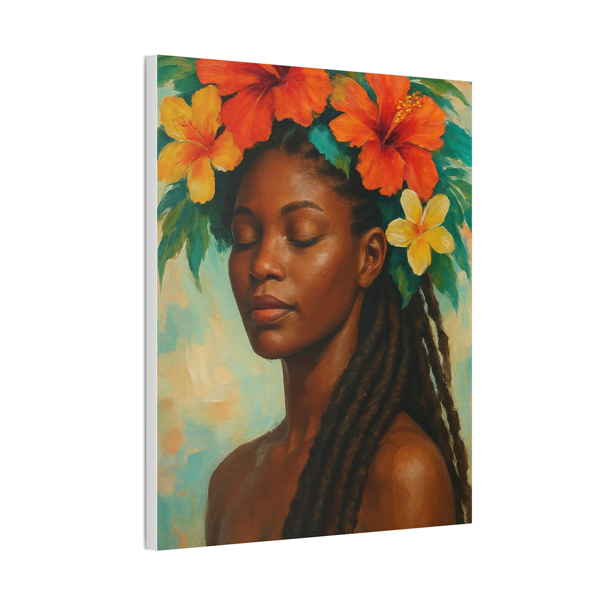 Pennycooke Girl 2 Portrait Canvas – Black Woman with Hibiscus Wall Art - DesignsByZuedi