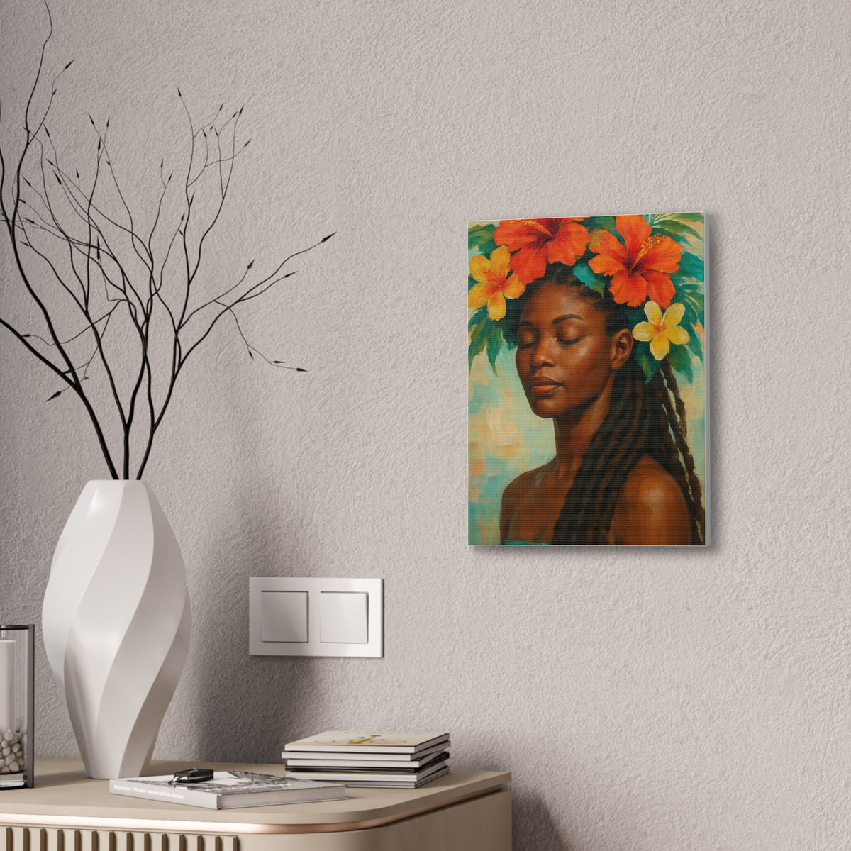 Pennycooke Girl 2 Portrait Canvas – Black Woman with Hibiscus Wall Art - DesignsByZuedi