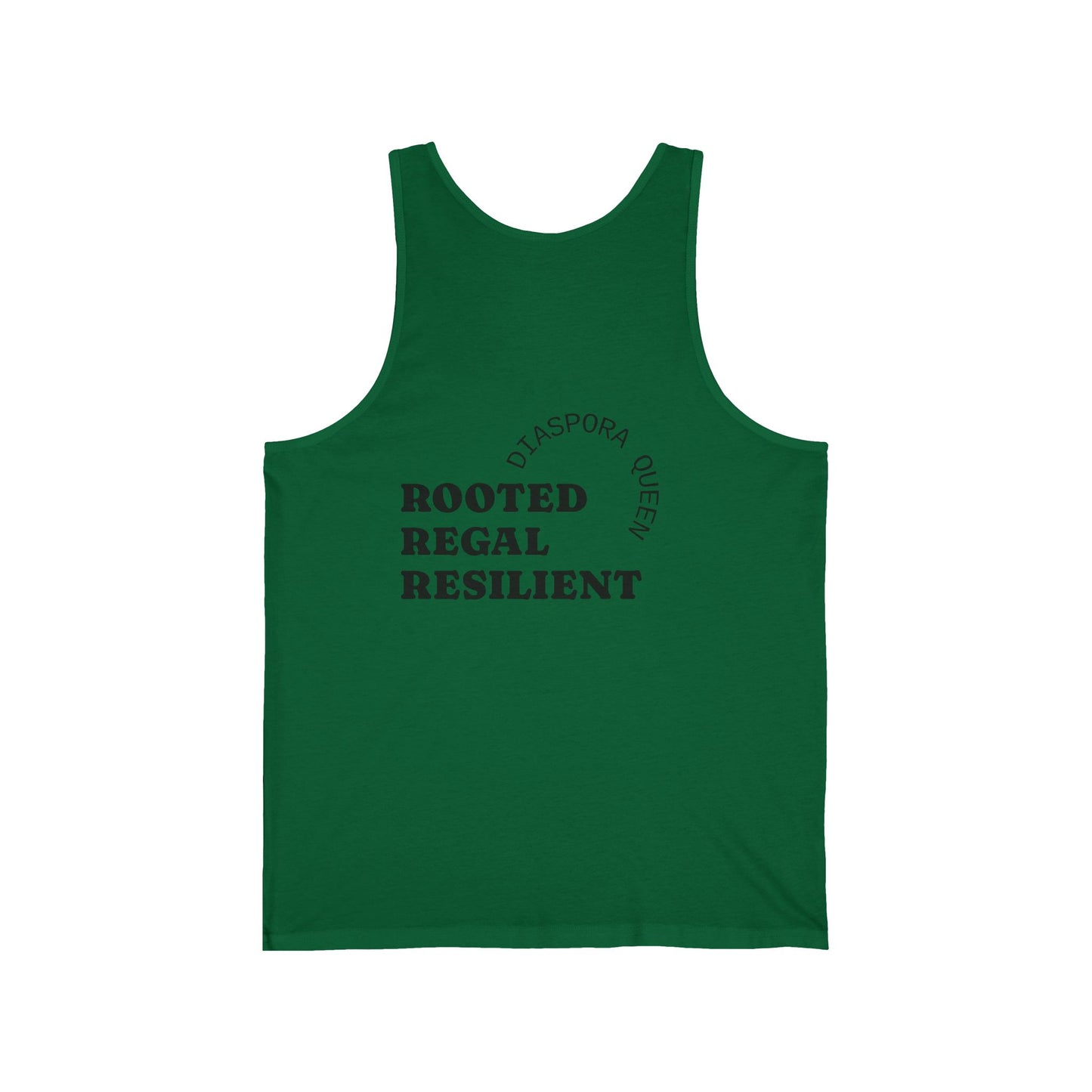 Unisex Jersey Tank - Rooted, Regal, Resilient, Motivational Sleeveless Tee