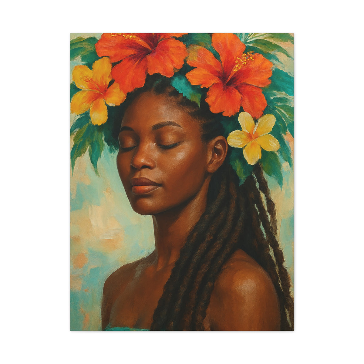 Pennycooke Girl 2 Portrait Canvas – Black Woman with Hibiscus Wall Art - DesignsByZuedi