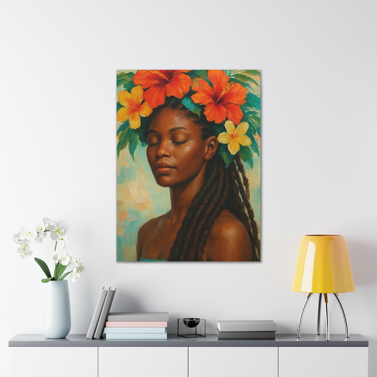 Pennycooke Girl 2 Portrait Canvas – Black Woman with Hibiscus Wall Art - DesignsByZuedi