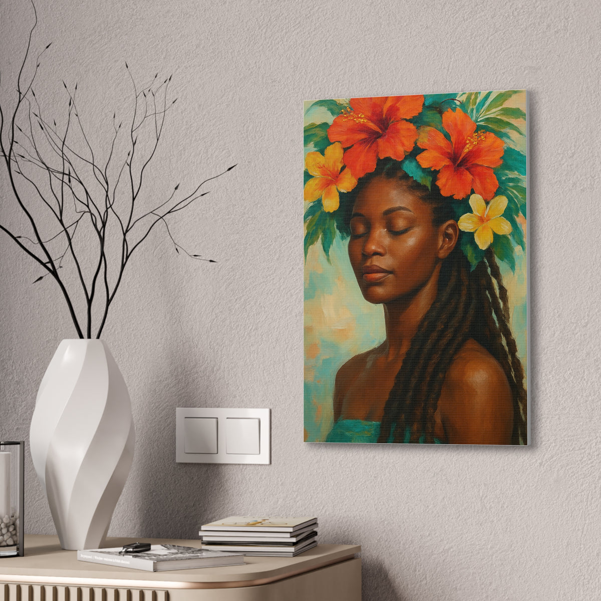 Pennycooke Girl 2 Portrait Canvas – Black Woman with Hibiscus Wall Art - DesignsByZuedi