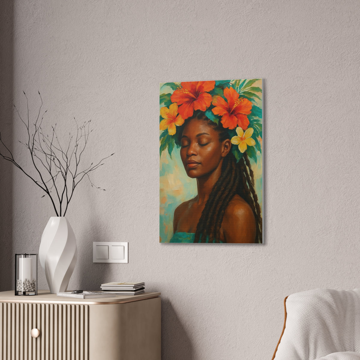 Pennycooke Girl 2 Portrait Canvas – Black Woman with Hibiscus Wall Art - DesignsByZuedi