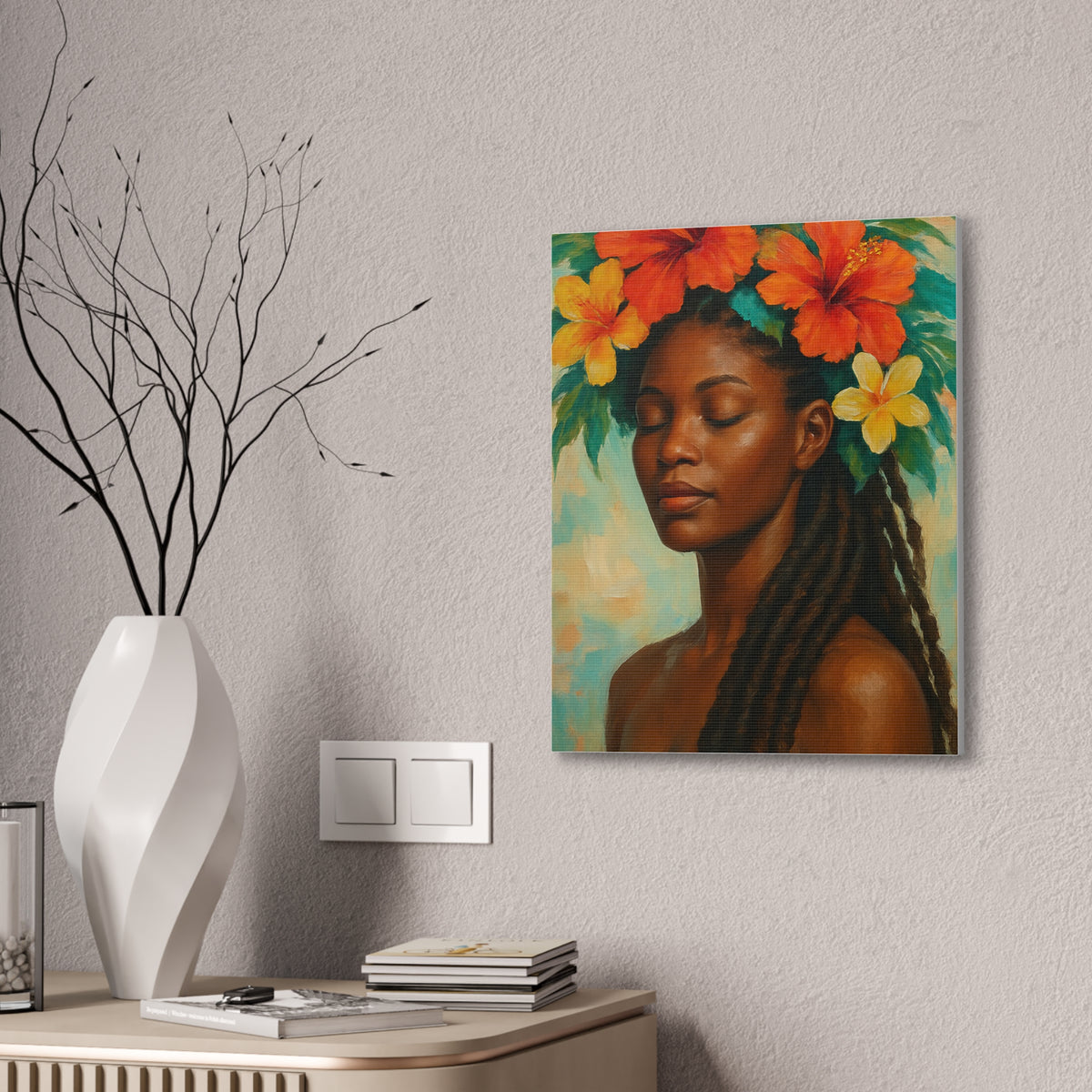 Pennycooke Girl 2 Portrait Canvas – Black Woman with Hibiscus Wall Art - DesignsByZuedi