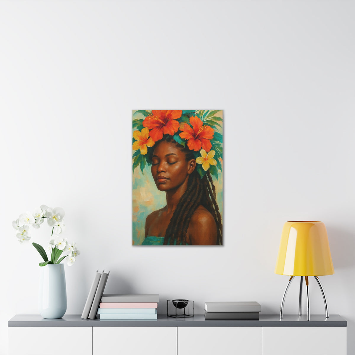 Pennycooke Girl 2 Portrait Canvas – Black Woman with Hibiscus Wall Art - DesignsByZuedi