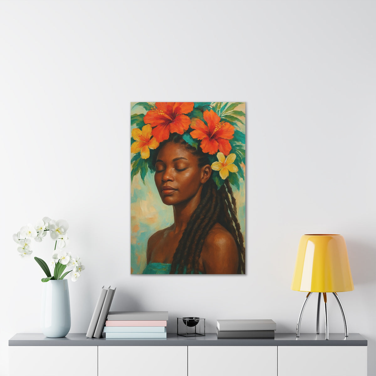 Pennycooke Girl 2 Portrait Canvas – Black Woman with Hibiscus Wall Art - DesignsByZuedi