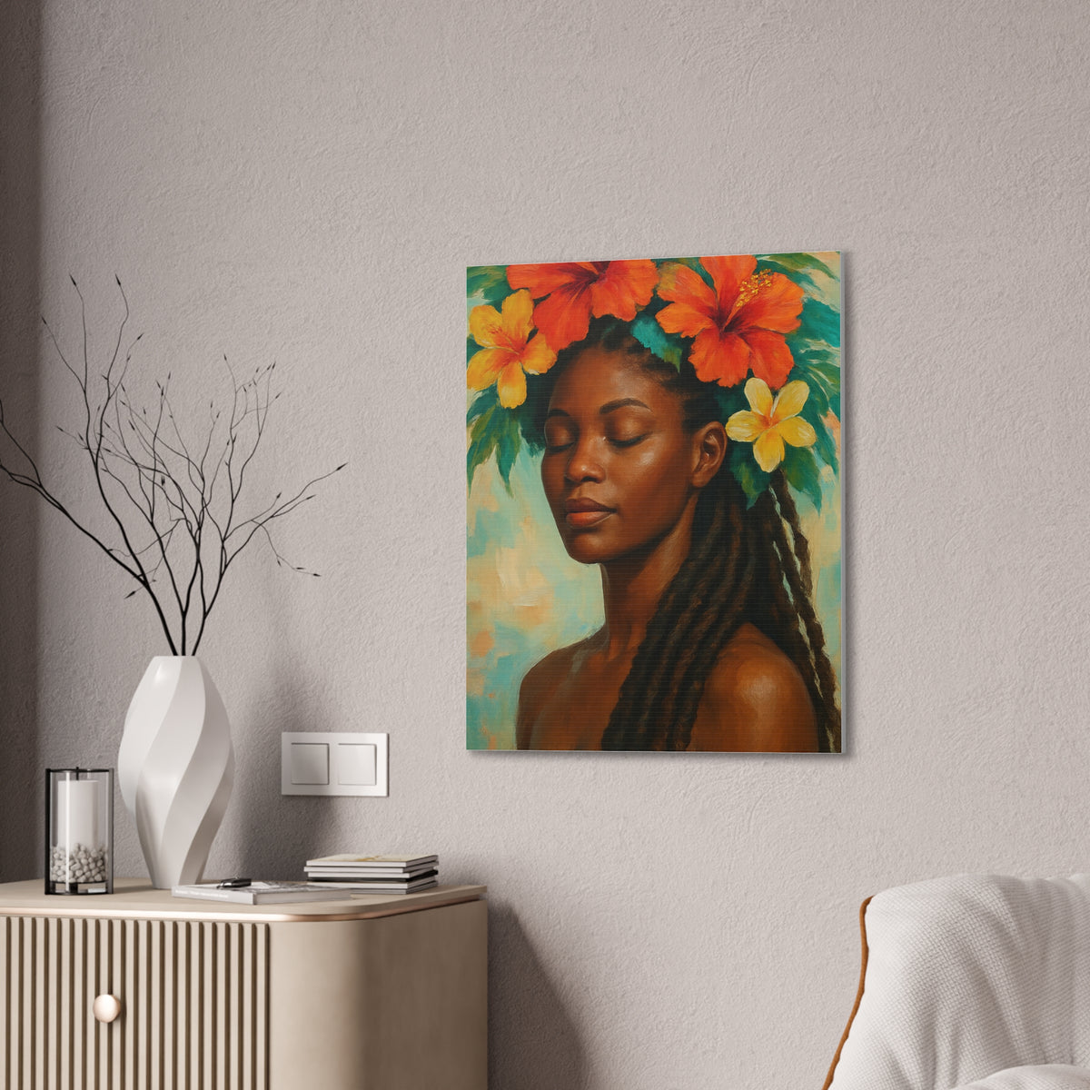 Pennycooke Girl 2 Portrait Canvas – Black Woman with Hibiscus Wall Art - DesignsByZuedi