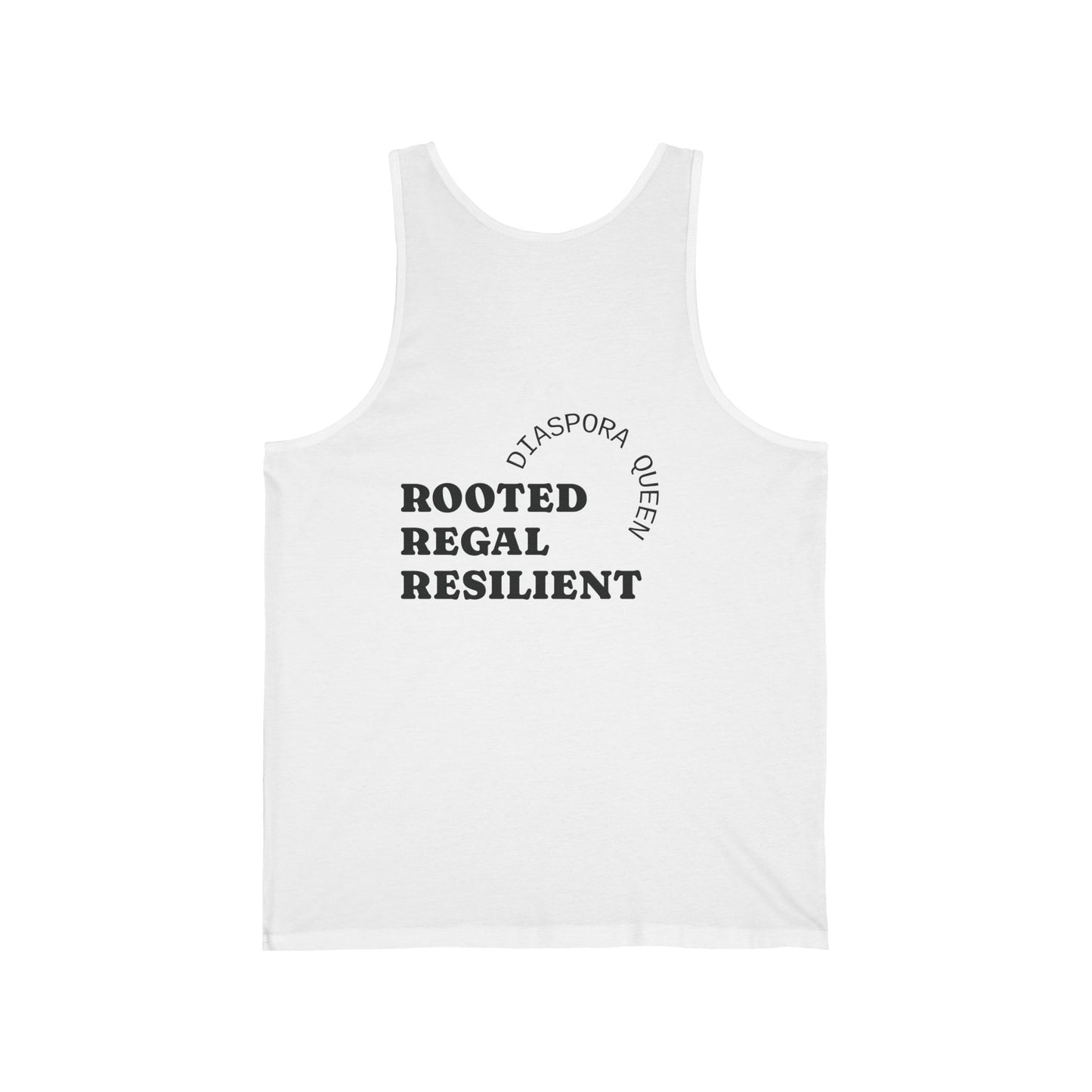 Unisex Jersey Tank - Rooted, Regal, Resilient, Motivational Sleeveless Tee