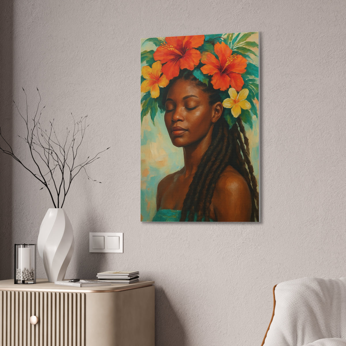 Pennycooke Girl 2 Portrait Canvas – Black Woman with Hibiscus Wall Art - DesignsByZuedi