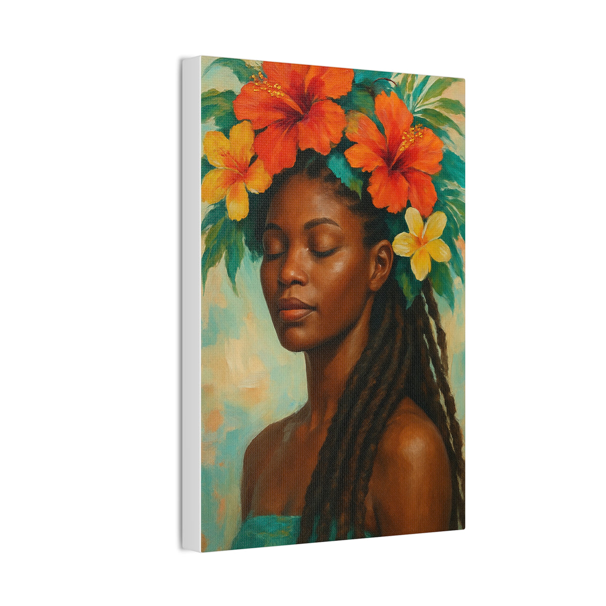 Pennycooke Girl 2 Portrait Canvas – Black Woman with Hibiscus Wall Art - DesignsByZuedi
