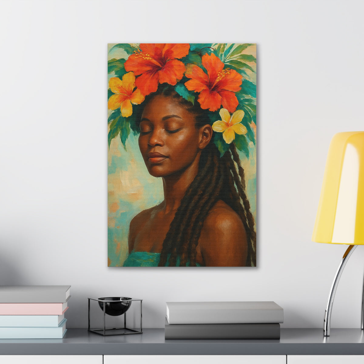 Pennycooke Girl 2 Portrait Canvas – Black Woman with Hibiscus Wall Art - DesignsByZuedi