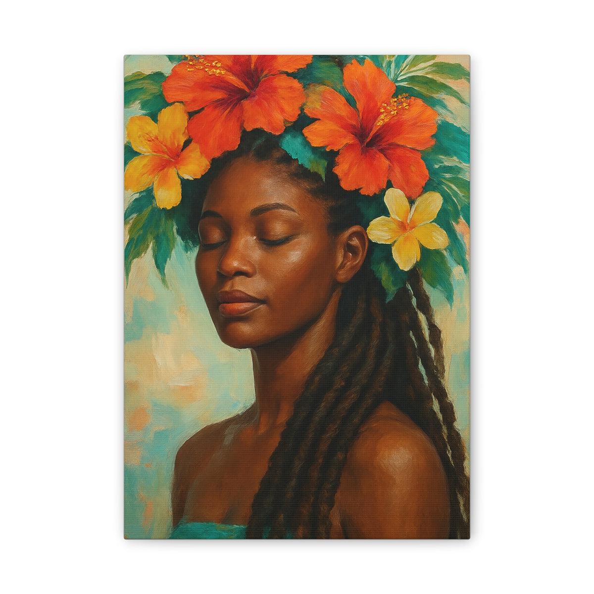 Pennycooke Girl 2 Portrait Canvas – Black Woman with Hibiscus Wall Art - DesignsByZuedi