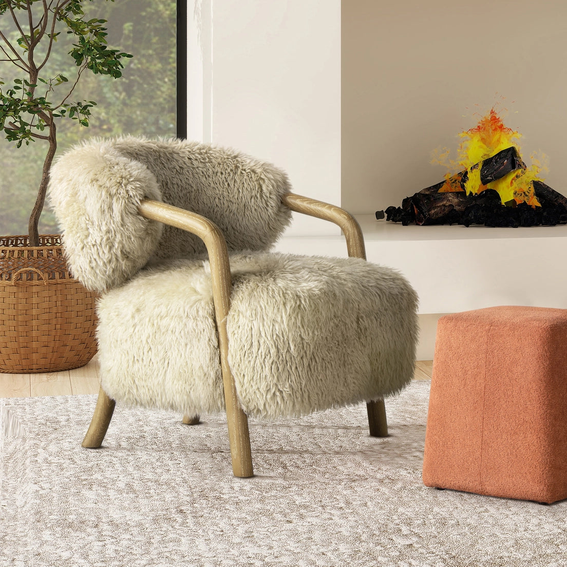Becker 33" Rustic Oak Sheepskin Upholstered Accent Arm Chair - DesignsByZuedi