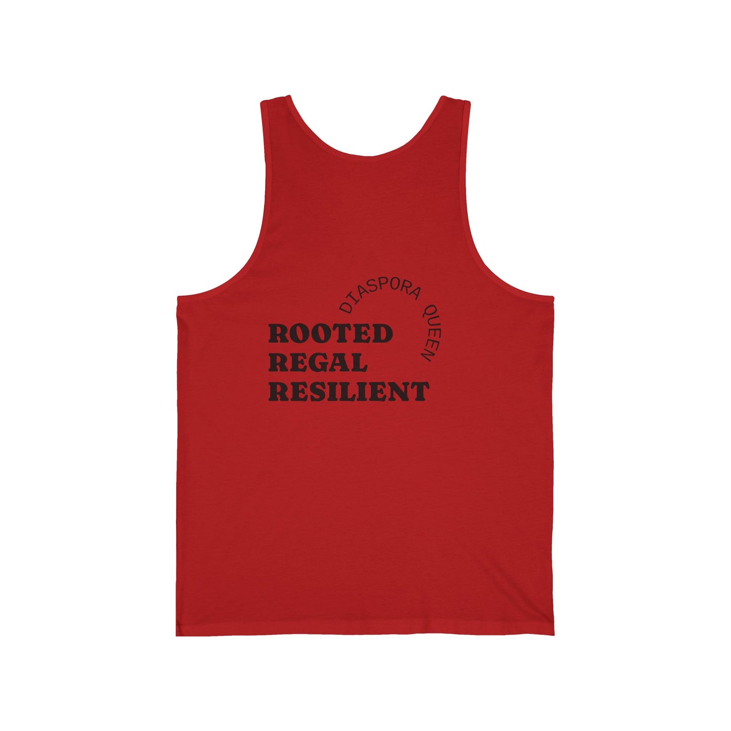 Unisex Jersey Tank - Rooted, Regal, Resilient, Motivational Sleeveless Tee