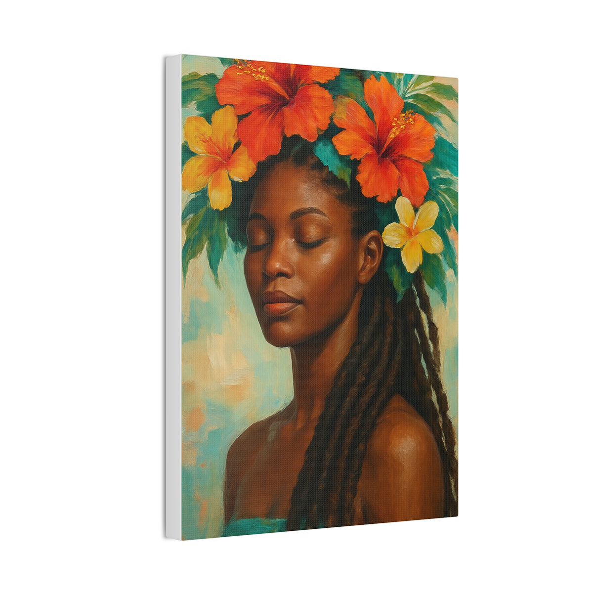 Pennycooke Girl 2 Portrait Canvas – Black Woman with Hibiscus Wall Art - DesignsByZuedi