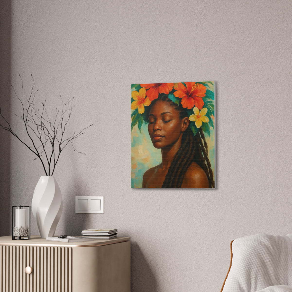 Pennycooke Girl 2 Portrait Canvas – Black Woman with Hibiscus Wall Art - DesignsByZuedi