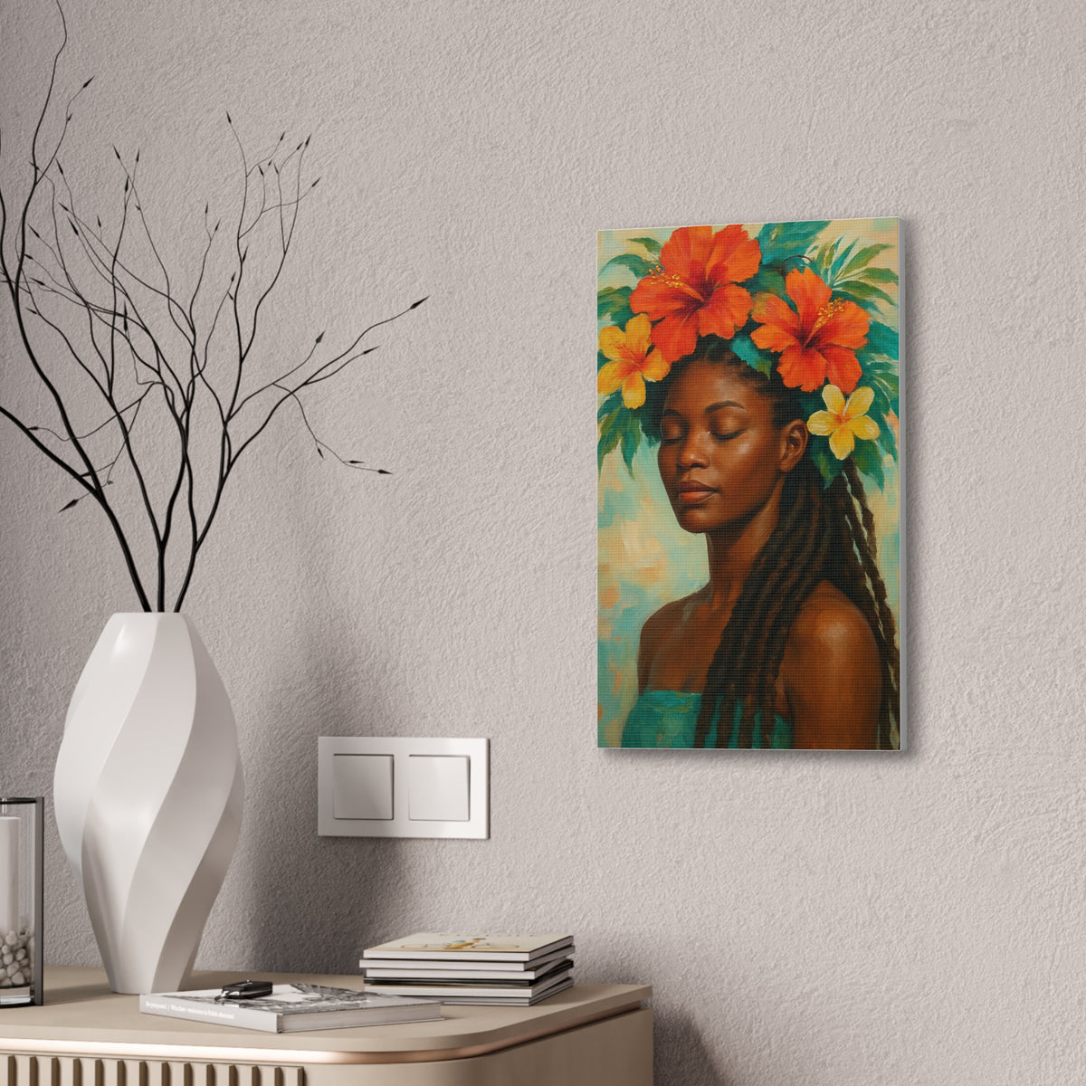 Pennycooke Girl 2 Portrait Canvas – Black Woman with Hibiscus Wall Art - DesignsByZuedi