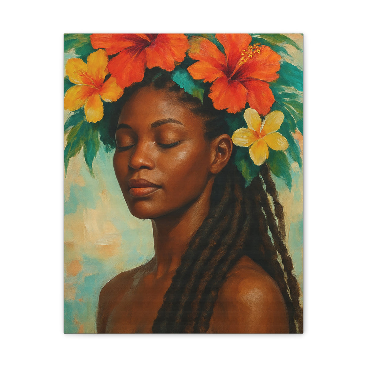 Pennycooke Girl 2 Portrait Canvas – Black Woman with Hibiscus Wall Art - DesignsByZuedi