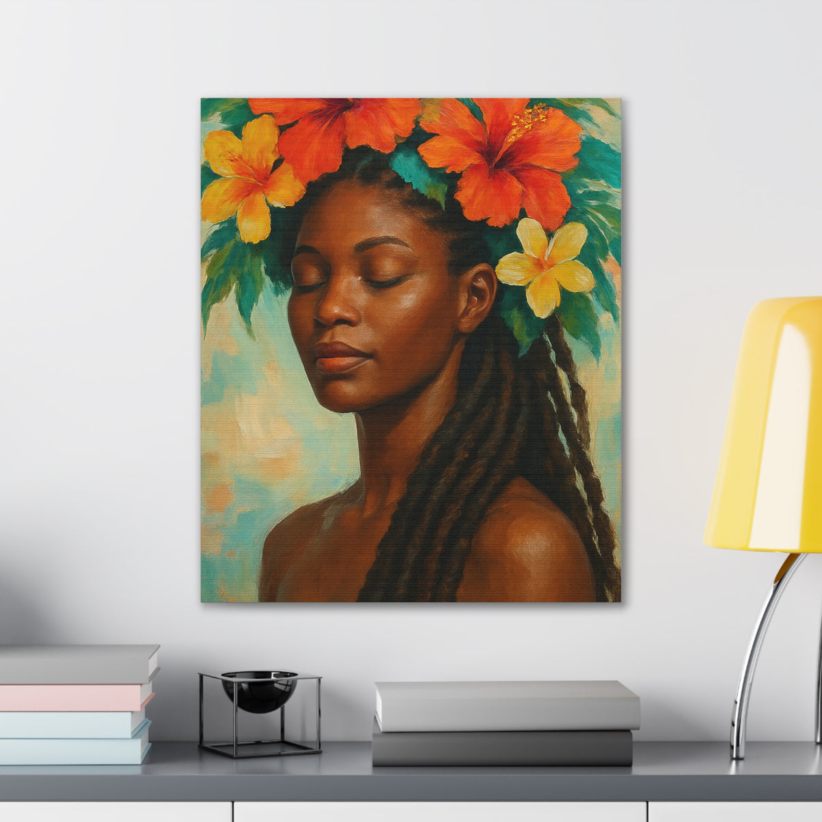 Pennycooke Girl 2 Portrait Canvas – Black Woman with Hibiscus Wall Art - DesignsByZuedi