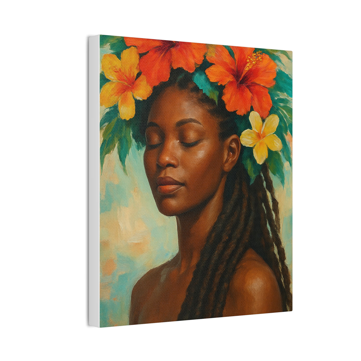 Pennycooke Girl 2 Portrait Canvas – Black Woman with Hibiscus Wall Art - DesignsByZuedi