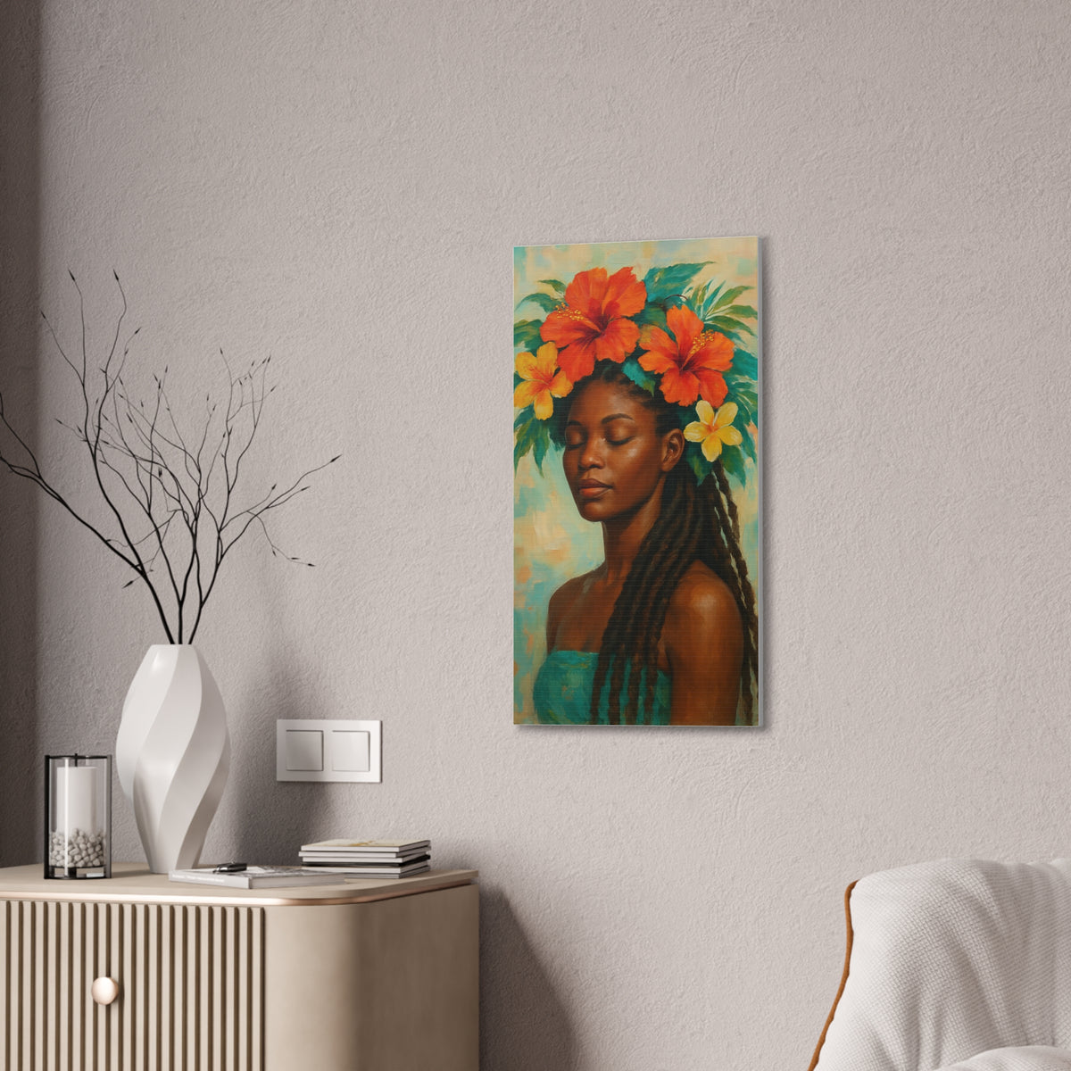 Pennycooke Girl 2 Portrait Canvas – Black Woman with Hibiscus Wall Art - DesignsByZuedi