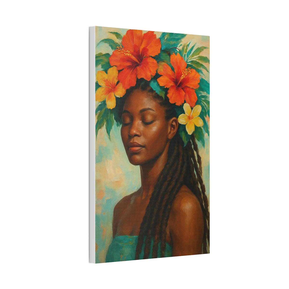 Pennycooke Girl 2 Portrait Canvas – Black Woman with Hibiscus Wall Art - DesignsByZuedi
