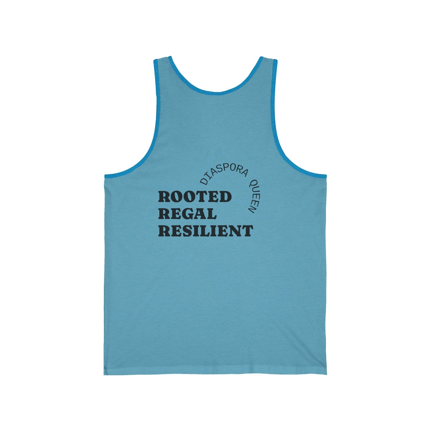 Unisex Jersey Tank - Rooted, Regal, Resilient, Motivational Sleeveless Tee