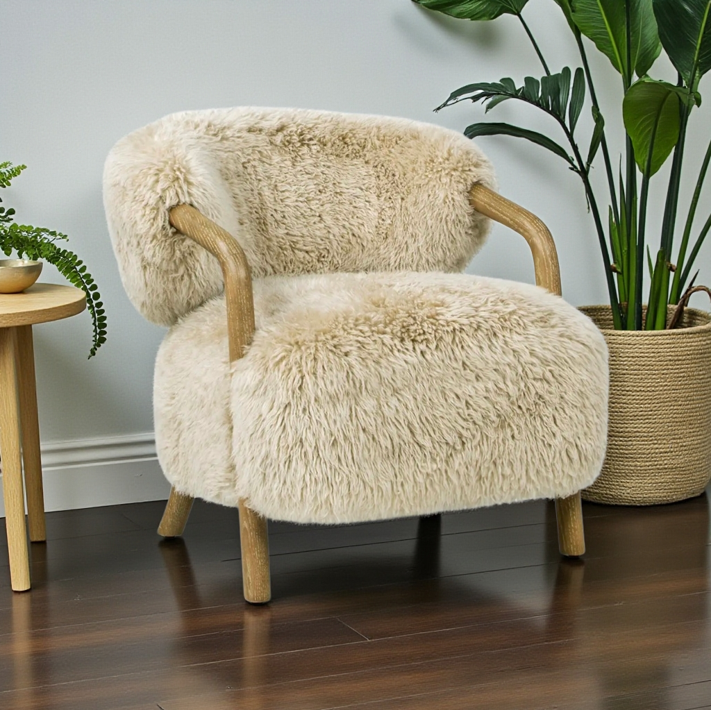 Becker 33" Rustic Oak Sheepskin Upholstered Accent Arm Chair - DesignsByZuedi