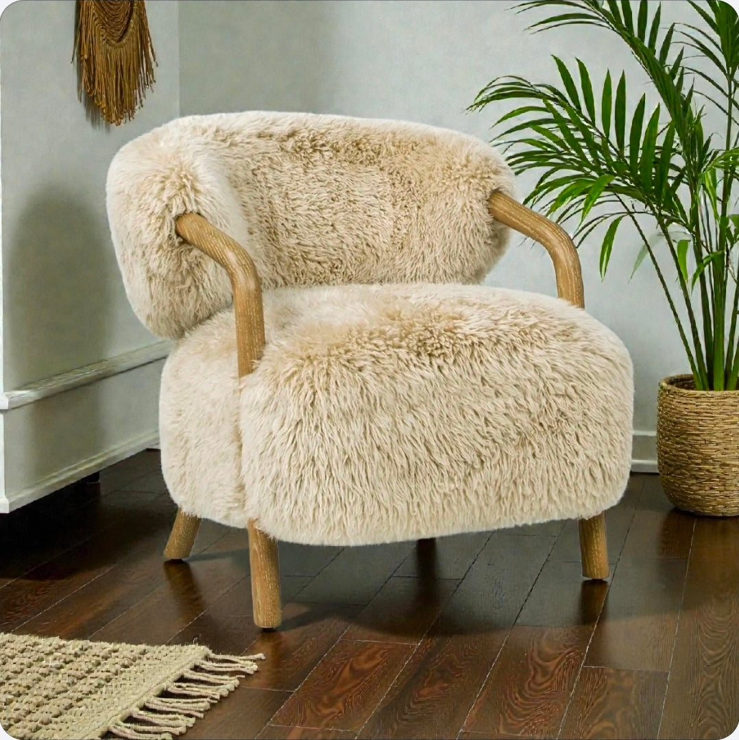 Becker 33" Rustic Oak Sheepskin Upholstered Accent Arm Chair - DesignsByZuedi