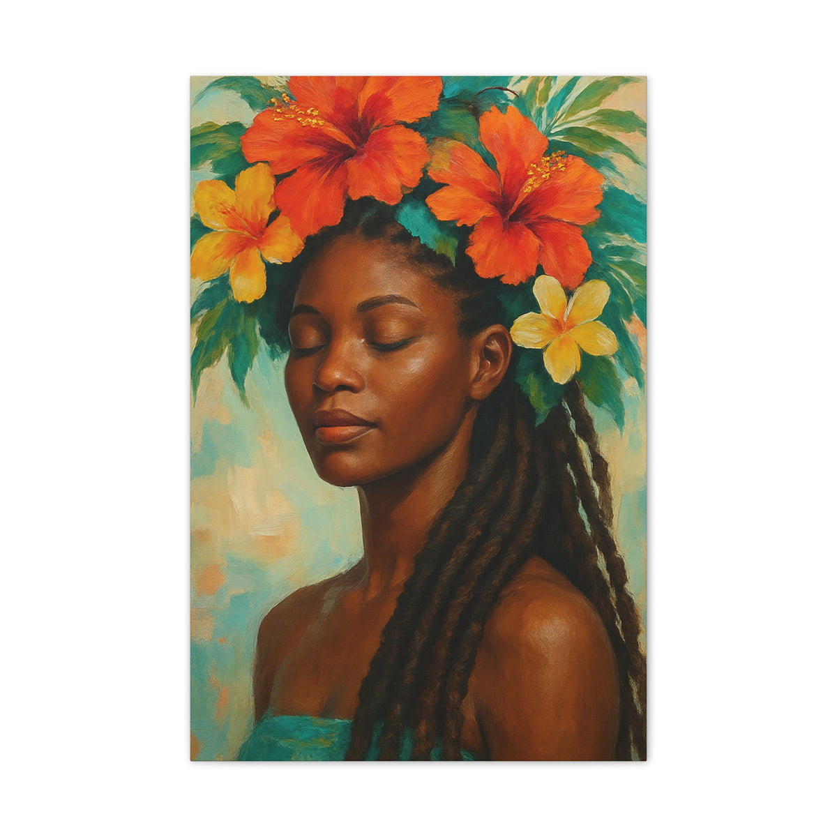 Pennycooke Girl 2 Portrait Canvas – Black Woman with Hibiscus Wall Art - DesignsByZuedi