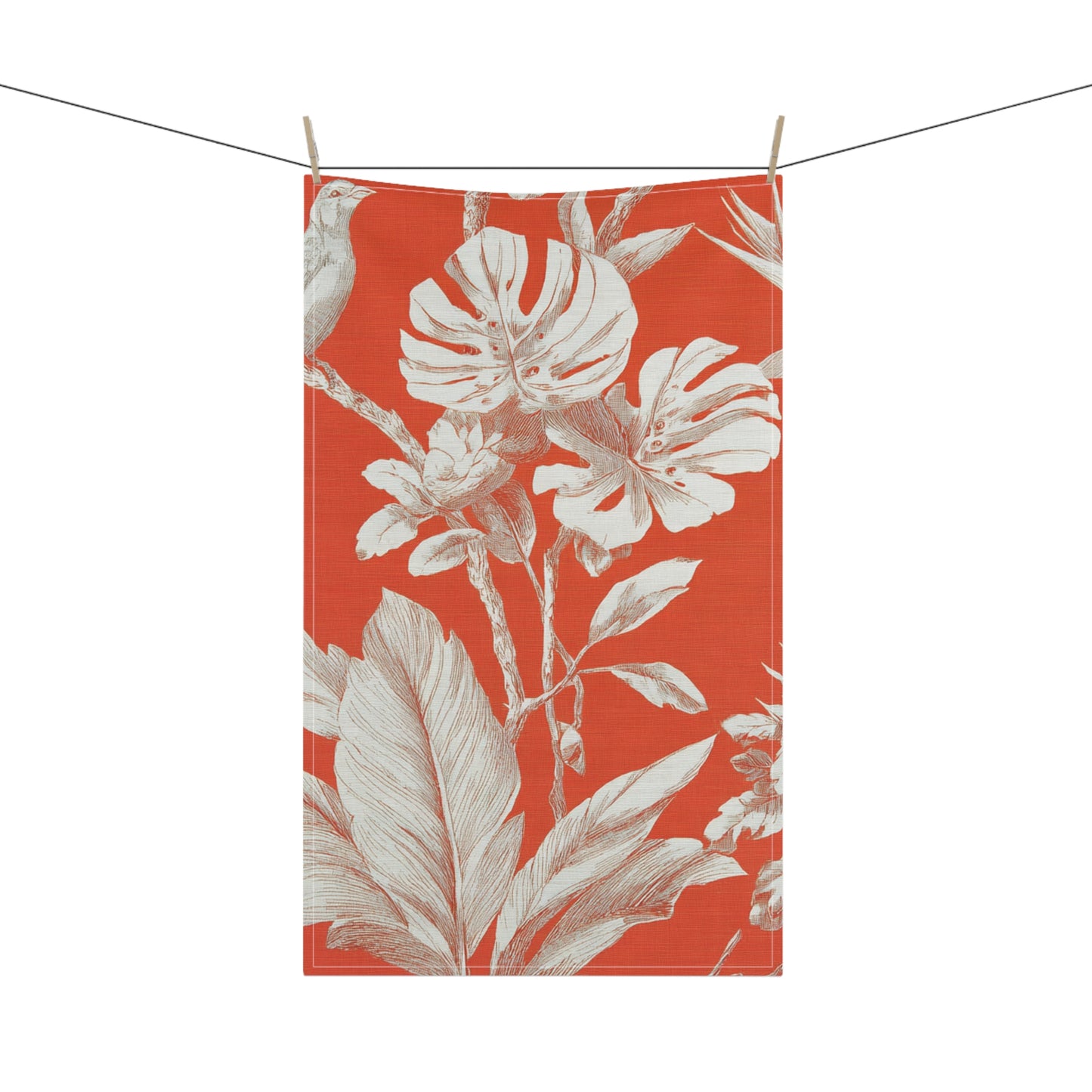Tropical Botanical Tea Towel — Red Coral Palm Leaf Kitchen Linen