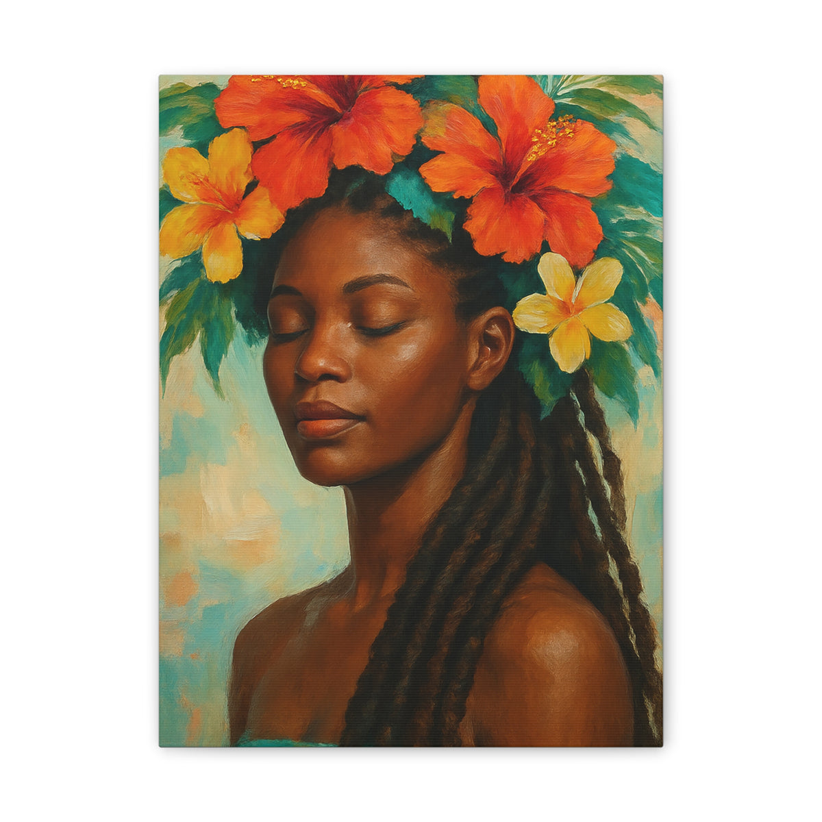 Pennycooke Girl 2 Portrait Canvas – Black Woman with Hibiscus Wall Art - DesignsByZuedi