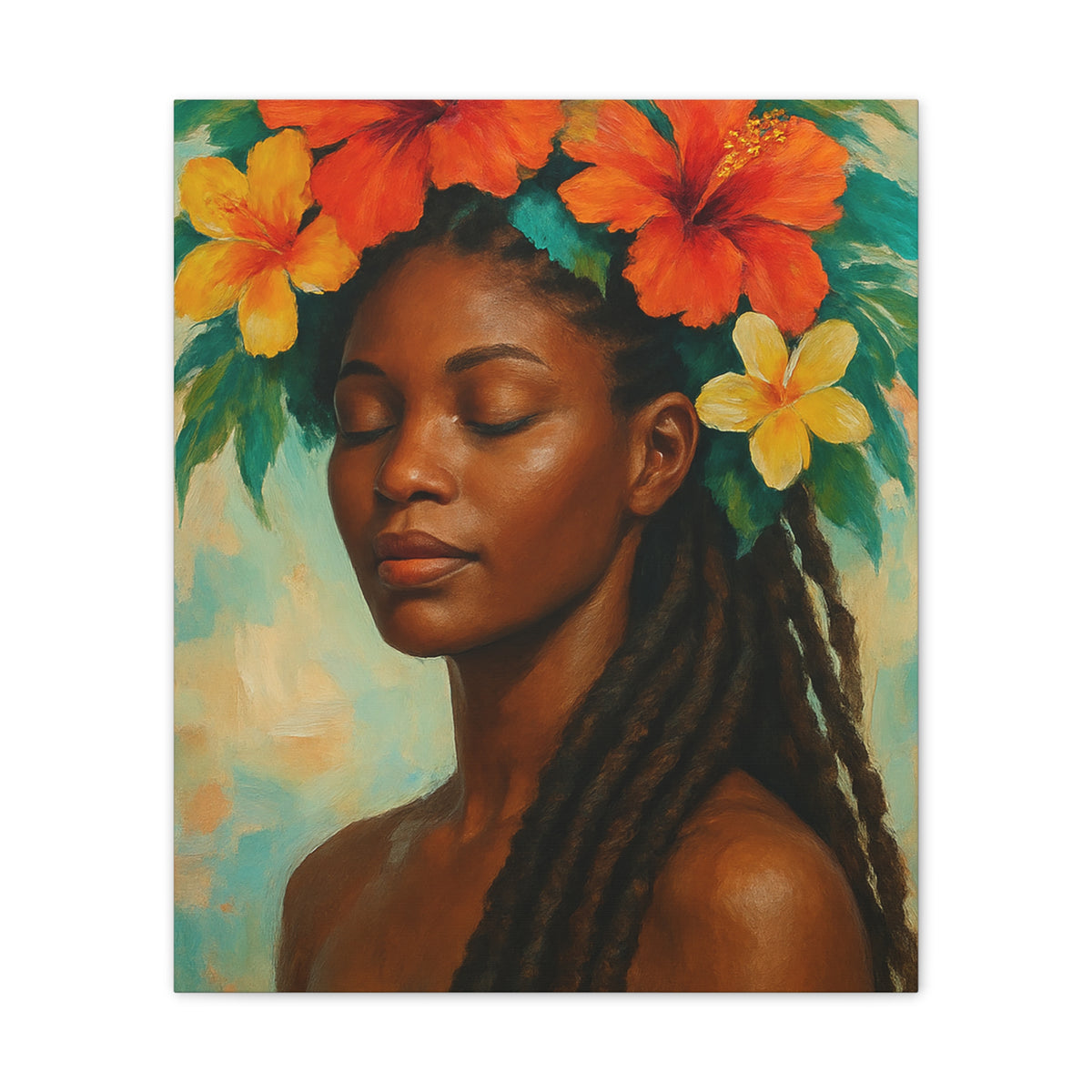 Pennycooke Girl 2 Portrait Canvas – Black Woman with Hibiscus Wall Art - DesignsByZuedi