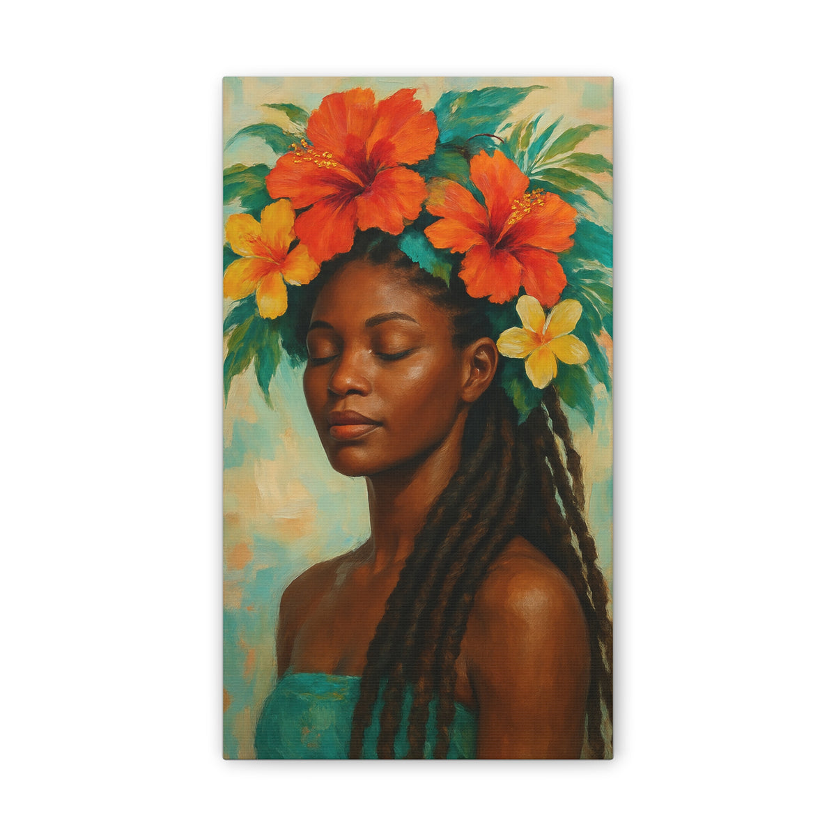 Pennycooke Girl 2 Portrait Canvas – Black Woman with Hibiscus Wall Art - DesignsByZuedi