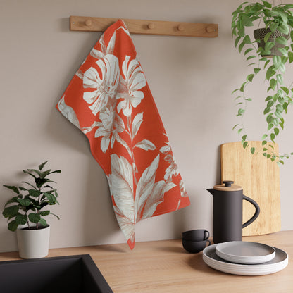 Tropical Botanical Tea Towel — Red Coral Palm Leaf Kitchen Linen