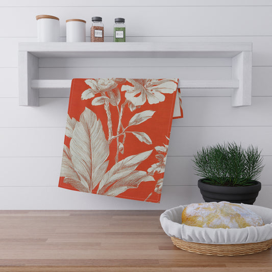 Tropical Botanical Tea Towel — Red Coral Palm Leaf Kitchen Linen