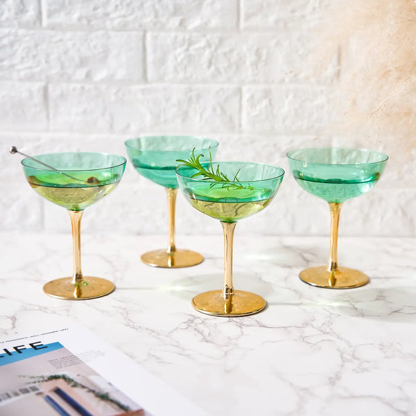 Tadmore- Gold & Green Coupe Art Deco Glasses, Gold | Set of 4 | 12 oz