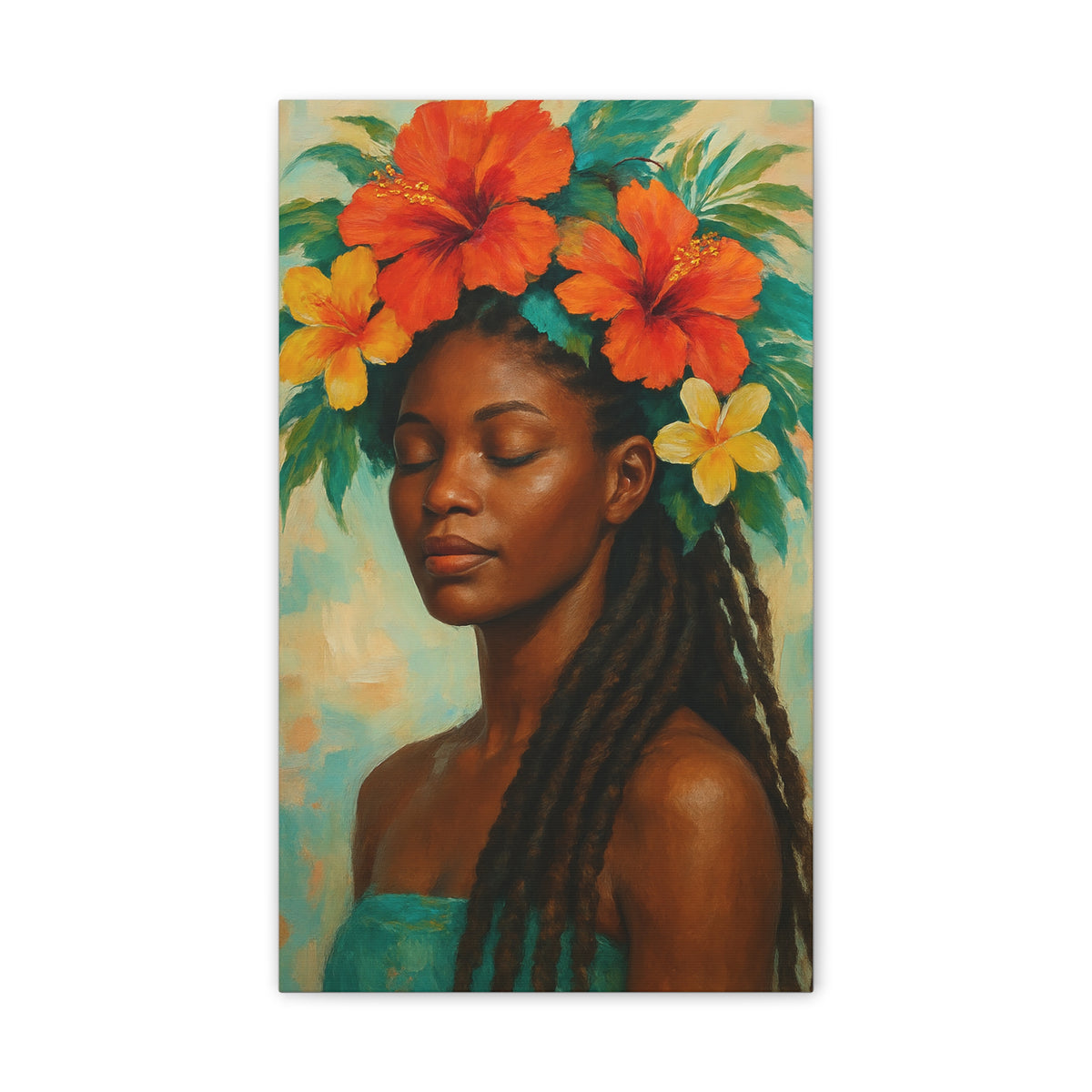 Pennycooke Girl 2 Portrait Canvas – Black Woman with Hibiscus Wall Art - DesignsByZuedi