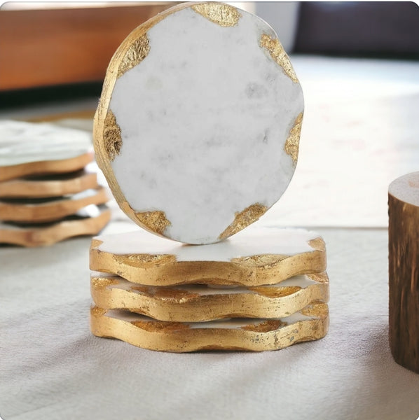 Eardley Set of Four Round Marble Coasters Gold Edge