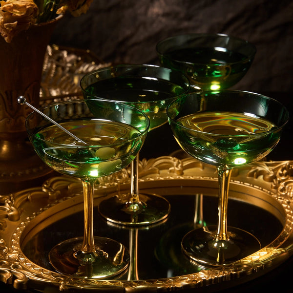 Tadmore- Gold & Green Coupe Art Deco Glasses, Gold | Set of 4 | 12 oz